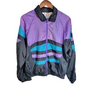 VTG Cargo Mens Windbreaker Jacket Black Purple Teal Full Zip‎ Size Medium